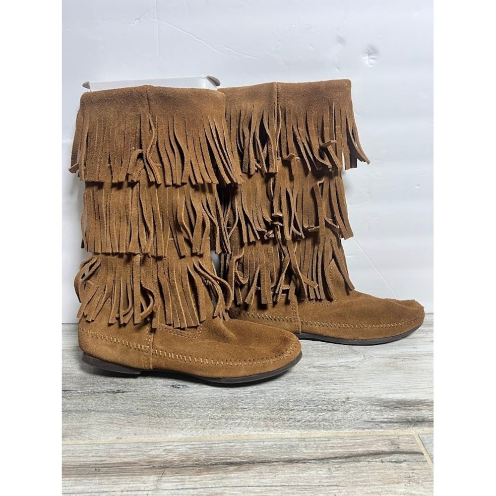 Minnetonka 3-Layer Fringe Boot 8 Brown Womens Boho Western Suede Moccasin 1638